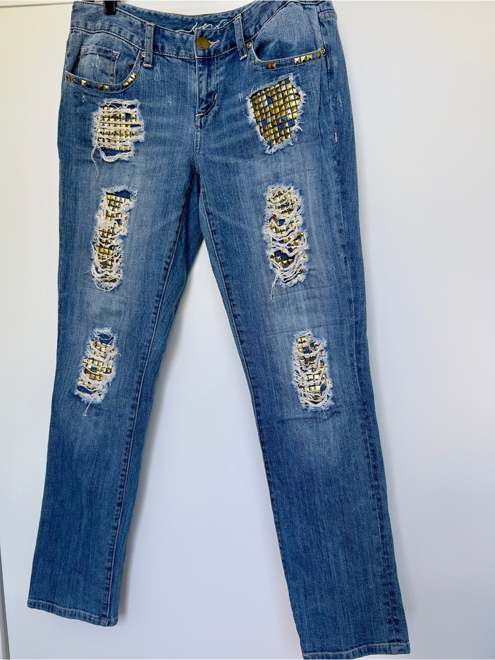 INC Blue Distressed Women's Jeans with Gold Stud Accents